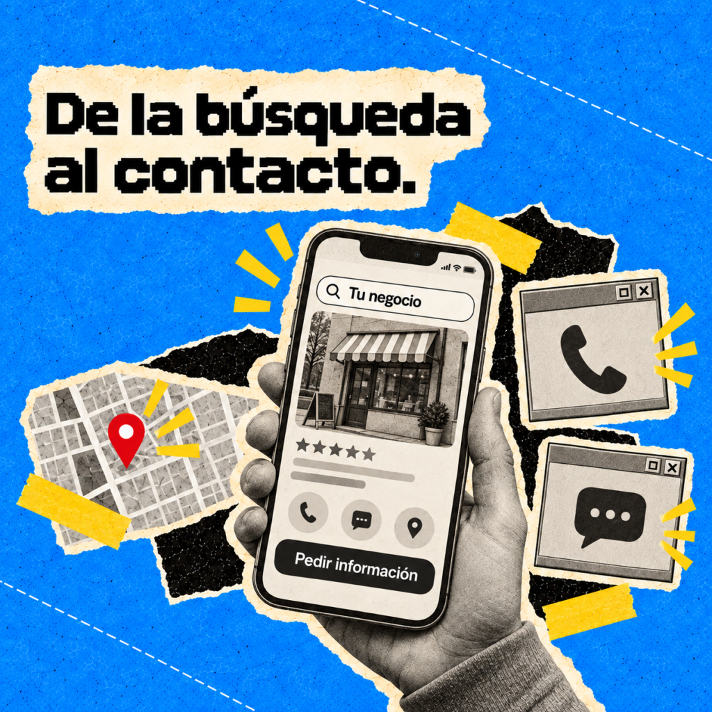 Usuario consultando un negocio local desde el celular y accediendo a opciones de llamada, mensaje y ubicación