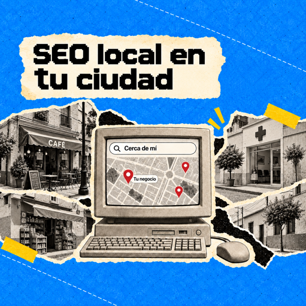 Ilustración de búsquedas locales con mapa y negocios cercanos en una ciudad